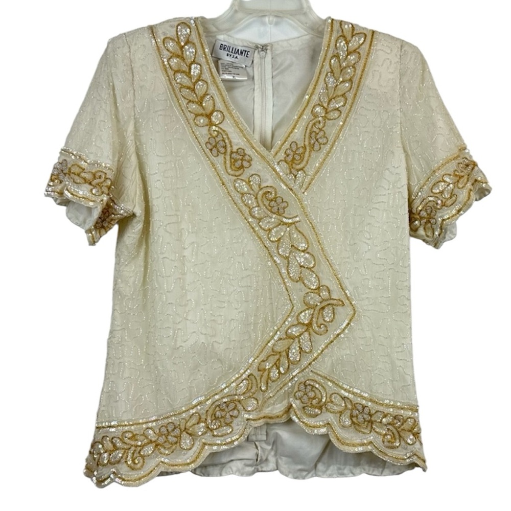 Vintage Silk Sequin Gold White Glam Top XL